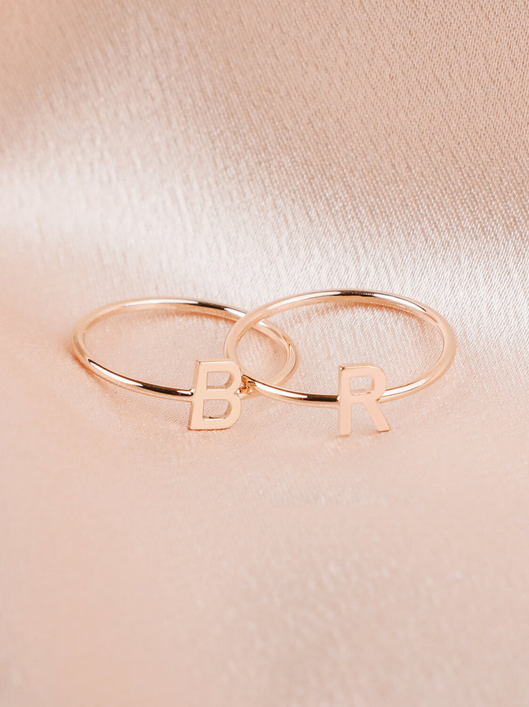 detail photo of women's "B" "R"  Block initial ring in 14k yellow gold