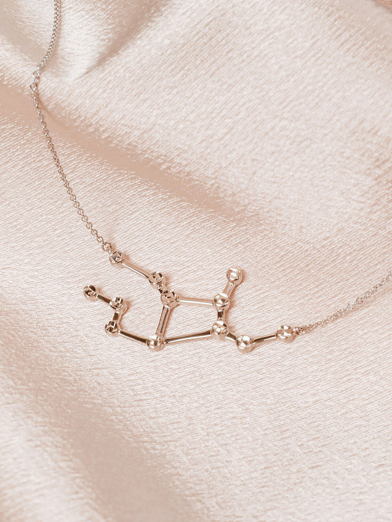 Close detail photo of sterling silver Virgo zodiac constellation necklace from ModSet jewelry