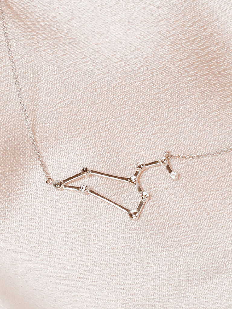 Close detail photo of sterling silver Leo zodiac constellation necklace from ModSet jewelry