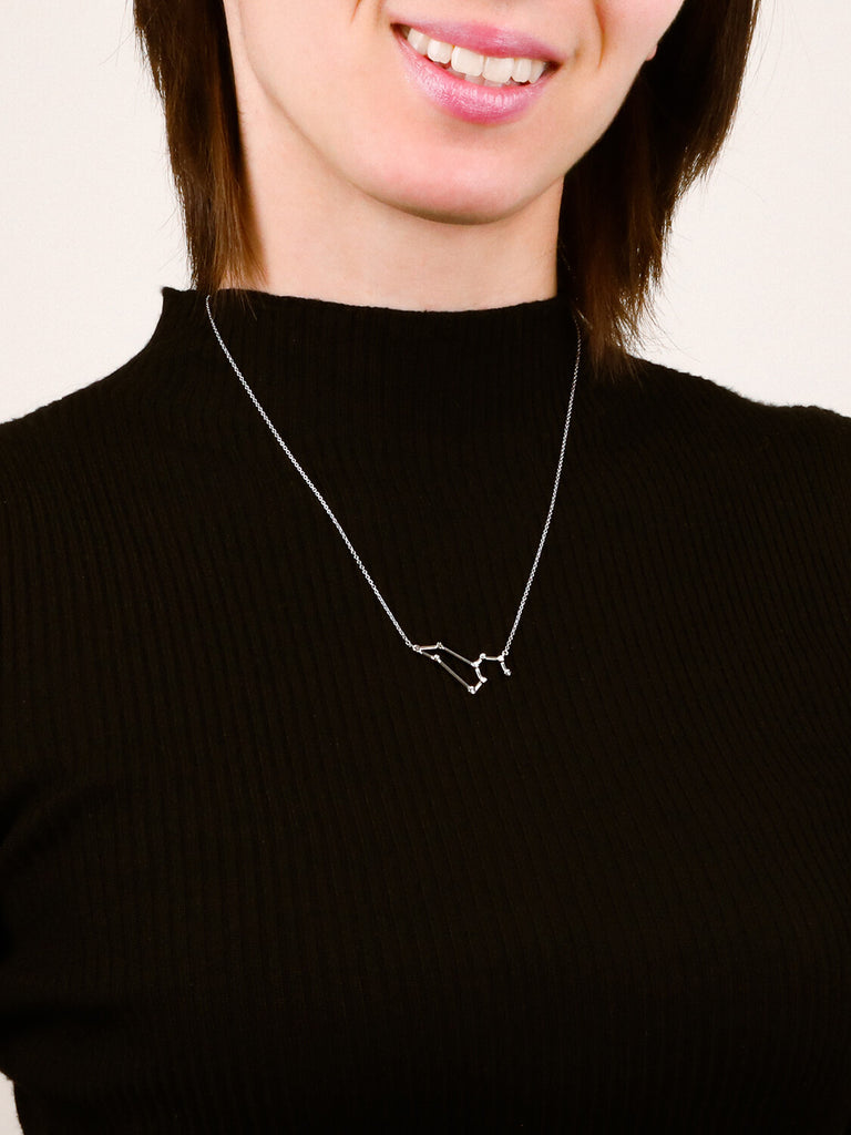 Photo of sterling silver Leo zodiac constellation necklace from ModSet jewelry on smiling woman's neck