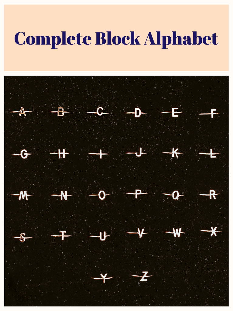 information page with complete alphabet examples of block initial rings