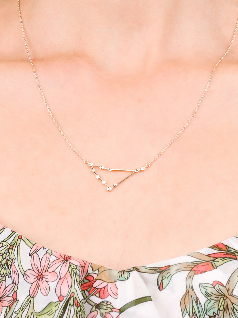 detail shot of Gold capricorn Constellation necklace on a female model's neck
