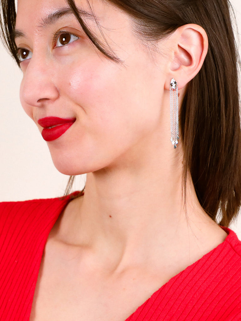 starfall earrings on happy model in 14k white gold