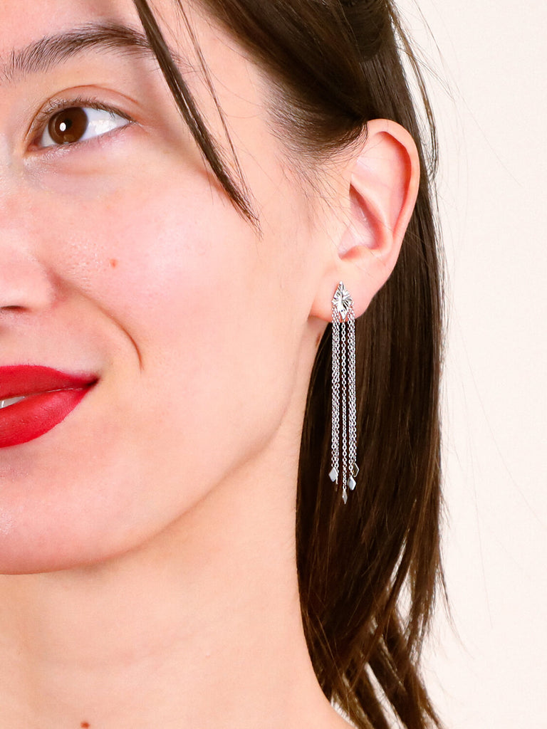 detail photo of starfall earrings on smiling model in 14k white gold