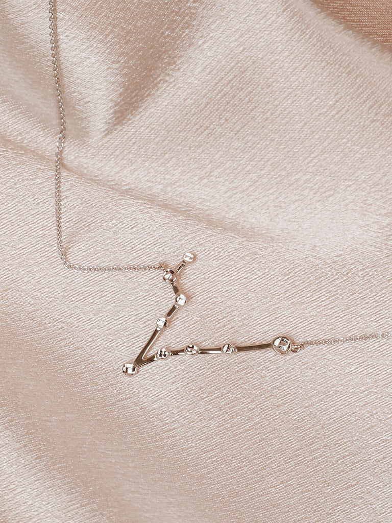 Close detail photo of sterling silver Pisces zodiac constellation necklace from ModSet jewelry