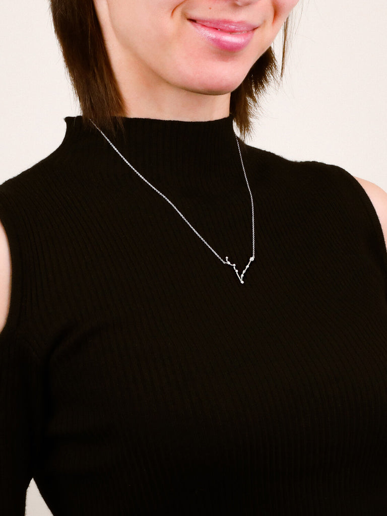 Photo of sterling silver Pisces zodiac constellation necklace from ModSet jewelry on smiling female model's neck