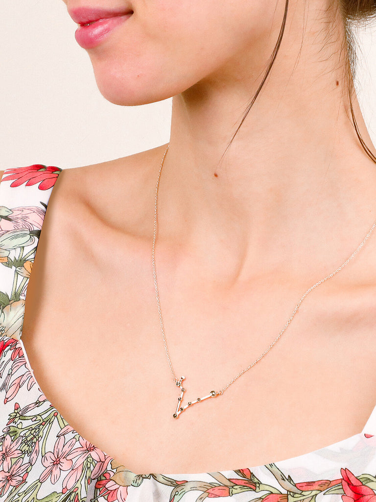Gold pisces Constellation necklace on a smiling happy female model's neck