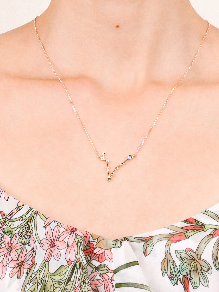 Gold Pisces Constellation necklace on a female model's neck