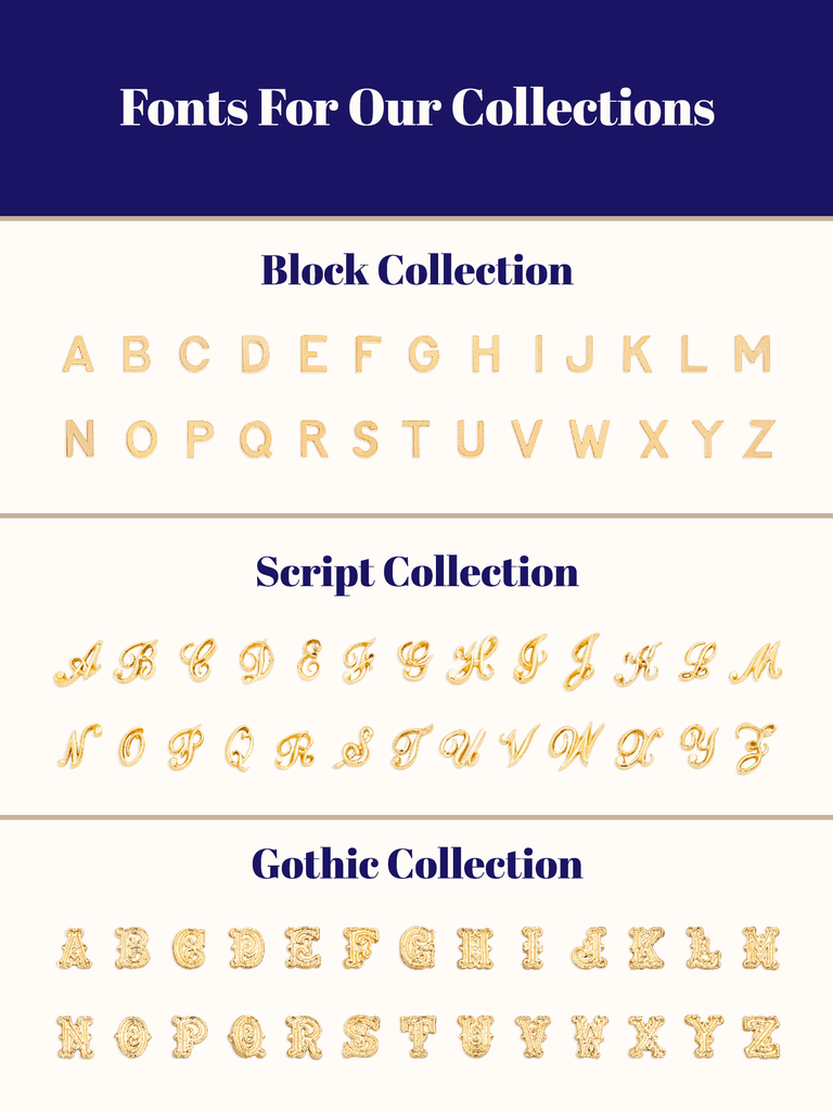 list of different fonts for Block, Script, and Gothic collections